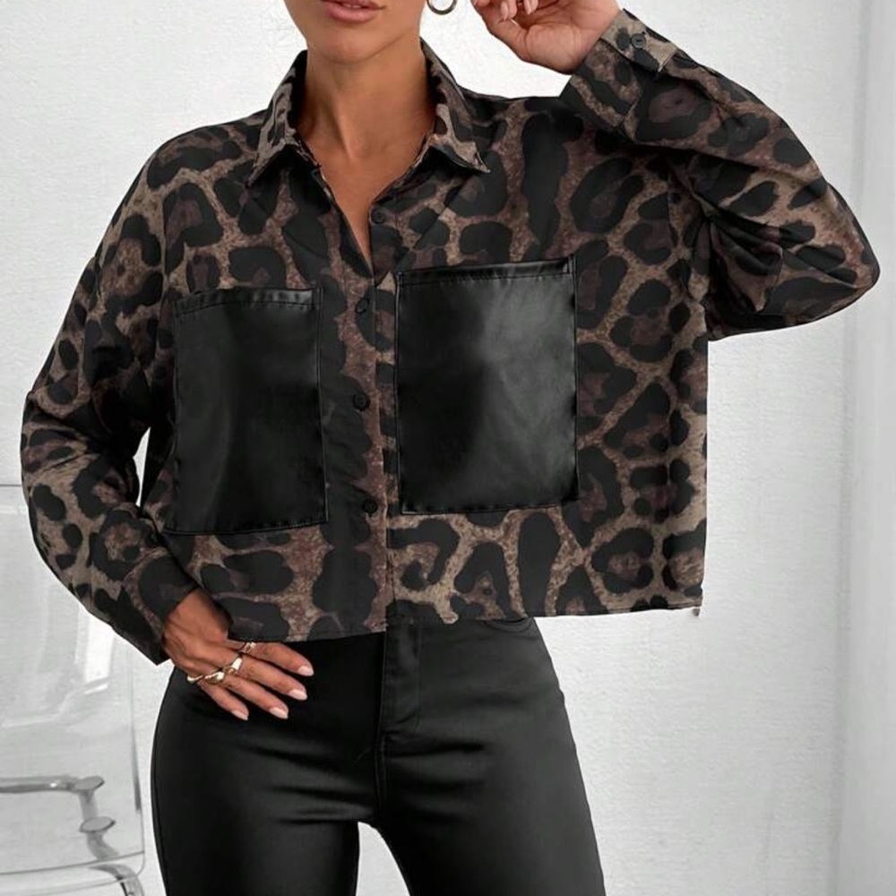 EZwear PU Leather Pocket Detailed Long Sleeve Shirt